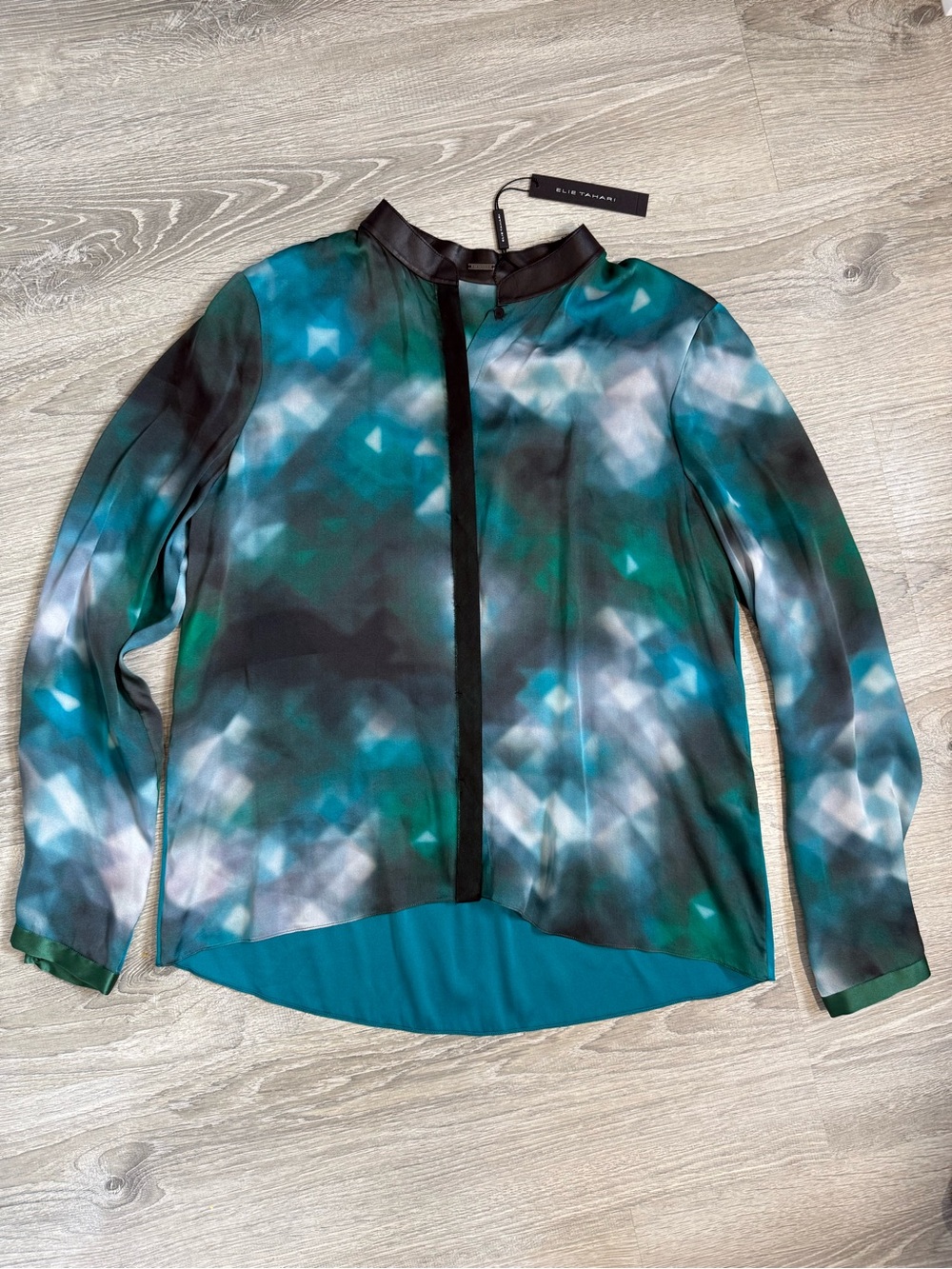 Elie Tahari Silk & Leather Teal, Green & Black Abstract Print Long-Sleeve Blouse